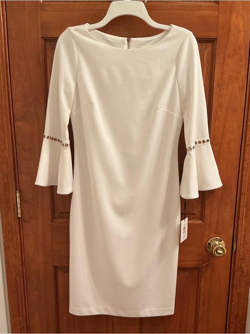 NWT Calvin Klein dress featuring gold trim detail on the split bell sleeves